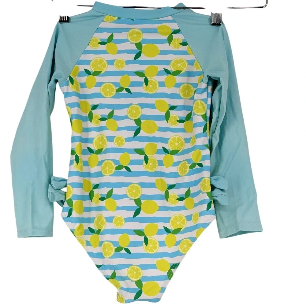 SHEIN Girls Blue Lemon Stripe Long Sleeve One Piece Swimsuit Rash Guard Size 5Y